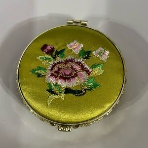 Round Yellow Silk Green & Pink Rose Compact Mirror